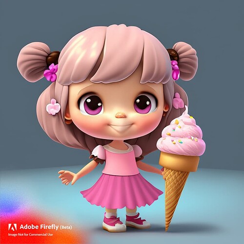 Firefly 3D cartoon style character design of a cute little girl in a pink ruffle dress holding an ic