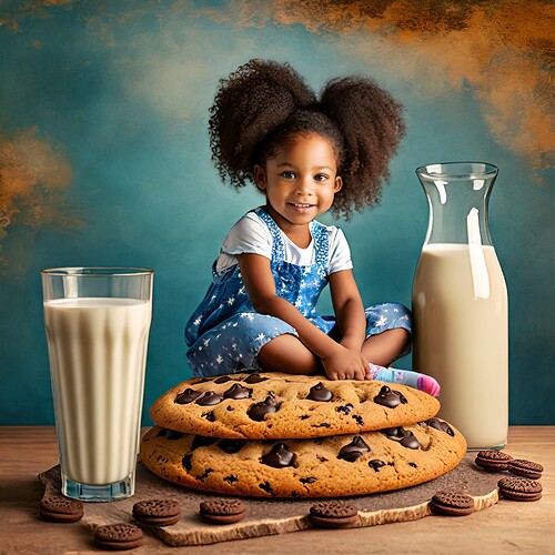 Firefly surreal photo realistic image of a little girl sitting on a giant chocolate chip cookie near