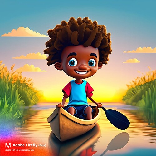 Firefly 3D cartoon style character design of a boy sailing away towards sunset on a wooden canoe 676