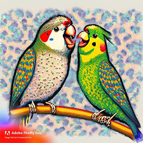 Firefly pointillism of 2 parakeets chirping to each other 31245
