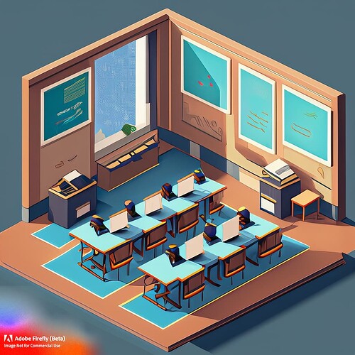 Firefly isometric art of a classroom scene rows of desks big teacher desk in the front of the room