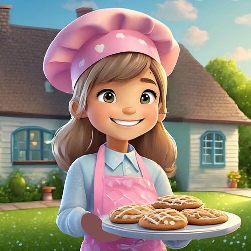 Firefly Unreal Engine 5 cartoon character, little girl with blond hair, pink baker hat, pink apron,  (1)