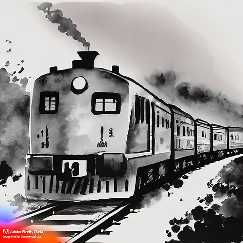 Firefly A Sumi-e painting of a train on train tracks with a caboose 86071