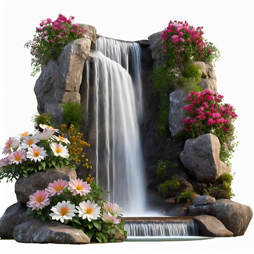 Firefly high resolution photo side view peacefull waterfall 3d with flowers isolated on white backgr