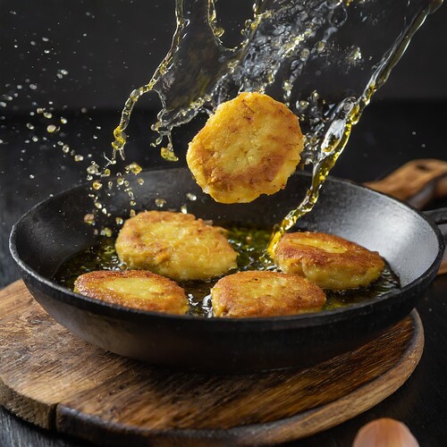 Firefly potato patties frying in oil in a frying pan, oil splashing out of pan in motion, food photo