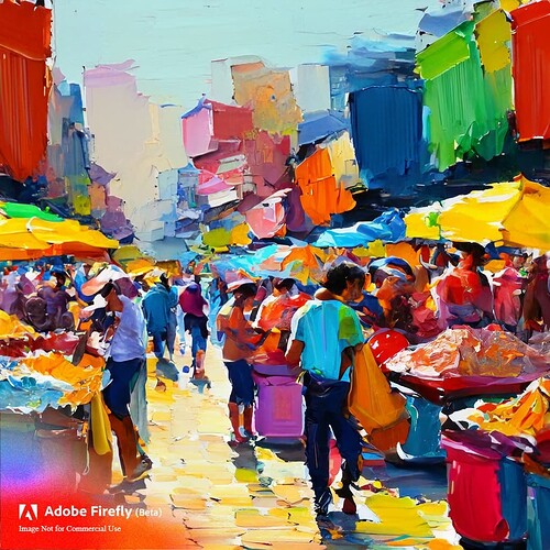 Firefly market place palette knife painting busy bustling many shoppers and sellers loud colorful 98