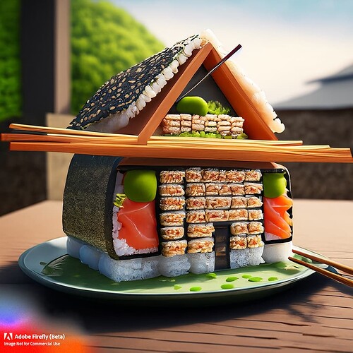 Firefly realistic hyperdetailed house made out of sushi and chopsticks in outdoor background 64264