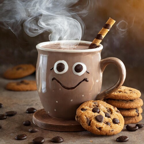 Firefly anthropomorphic steaming cup of chocolate milk and chocolate chip cookies 35736