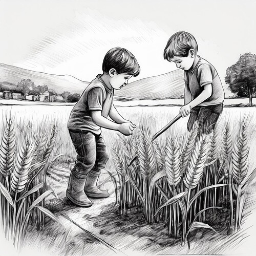 Firefly black and white pencil sketch young boys working in the open field; children's watercolor pa