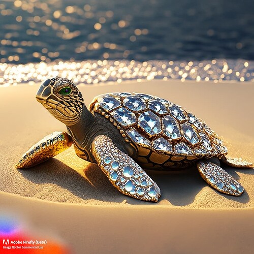 Firefly realistic hyperdetailed turtle made out of shiny reflective diamonds on sand beach 75730