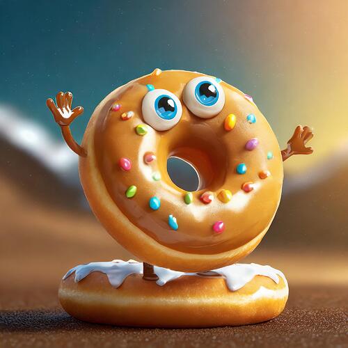 Firefly hi res photo realistic Pixar-style anthropomorphic figure based on a doughnut 730