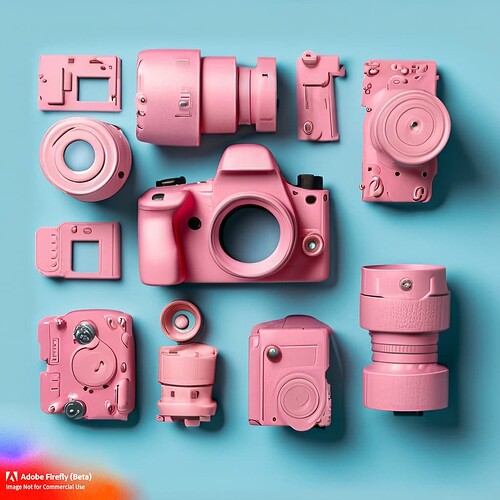 Firefly knolling of lots of pink camera parts on a pale blue background neat modern 46864