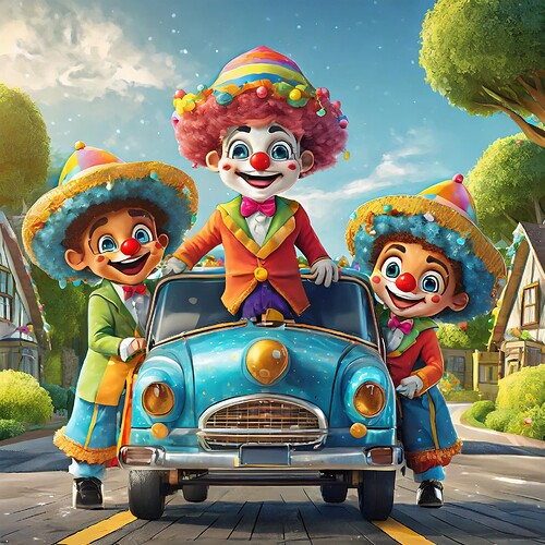 Firefly unreal engine 5 cartoon character triplet boys in clown costumes on stage on minivan suburba