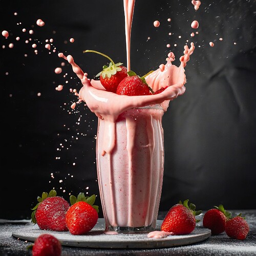 Firefly food photography milkshake with straberries dropiing into it 16931