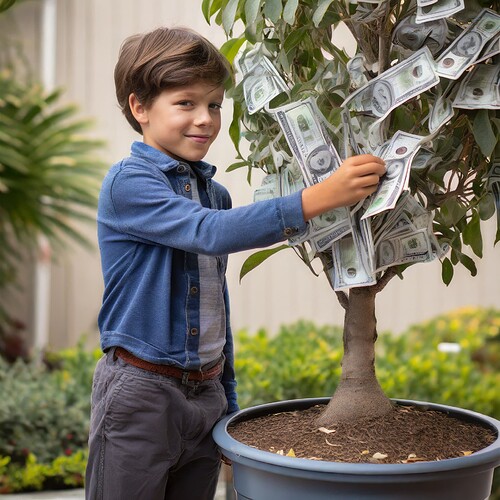 Firefly photorealastic image of a young boy picking money off a real looking money tree 40768
