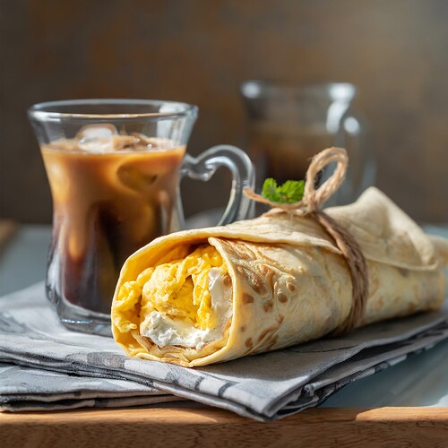 Firefly an omelet and cream cheese in a wheat wrap rolled up, with iced coffee in a glass mug, food