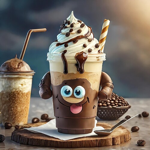 Firefly hi res photo realistic Pixar-style anthropomorphic figure based on a ice coffee and cream 49