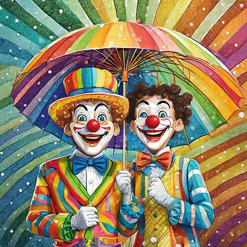 Firefly Rainbow clowns, boy with lollipop and colorful umbrella, zigzag background 32387