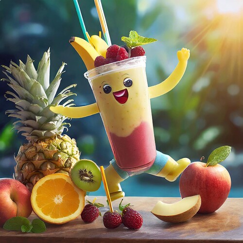 Firefly hi res photo realistic Pixar-style anthropomorphic figure based on a smoothie dancing in fru
