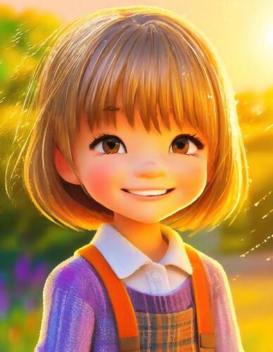 Firefly cartoon of little blond-haired, 3-year-old girl crying with tears in her eyes, and smiling,  (5)