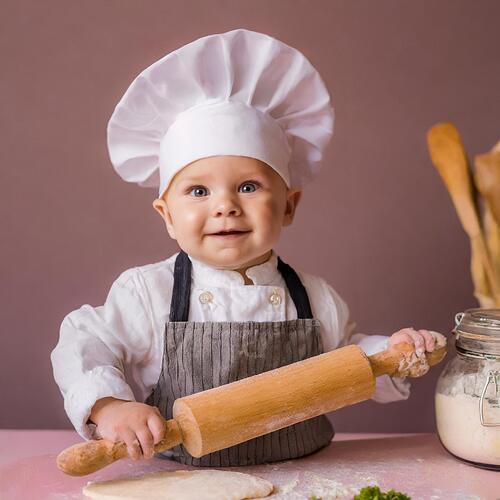 Firefly newborn baby boy, dressed up like a chef, pink background, holding a rolling pin, Anne Gedde