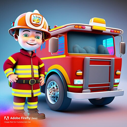 Firefly hyper realistic detailed 3d cartoon style character design of firemen near firetruck 99316