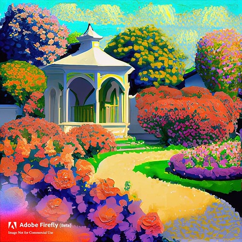 Firefly Pointillism Style Illustration of a beautiful flower garden with a gazebo 29243