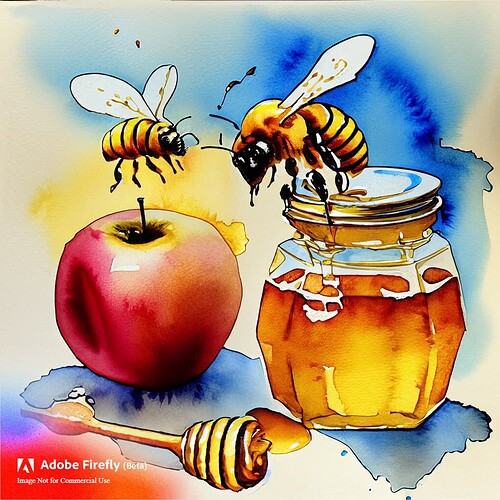 Firefly watercolor effect of a bee and honey comb with a jar of honey and a red apple 47628
