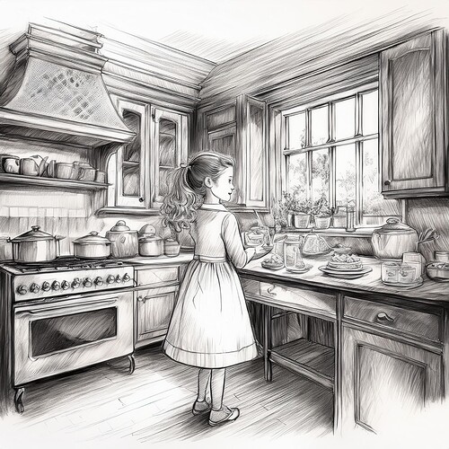 Firefly pencil sketch sref 306744668 old fashioned kitchen with birthday girl 9435