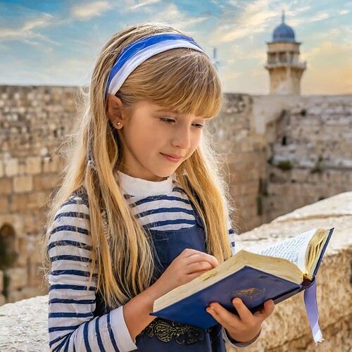 Firefly little girl with long straight hair and a ribbon praying with a prayer book by the western w