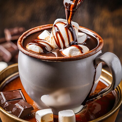 Firefly hot cocoa with melted marshmallows and chocolate swirling inside the drink, in mug with 100