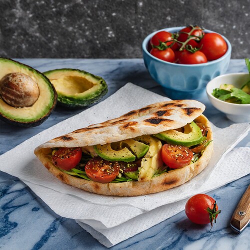 Firefly i yummy delishes sourdough pita breakfast with avacado and tomatoes on white papertowel on a