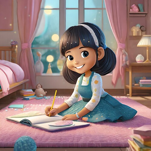 Firefly unreal engine 5 cartoon character, cute girl sitting on rug in pink bedroom doing crafts 126