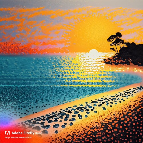 Firefly small Pointillism beach with sun setting in the distance 56986