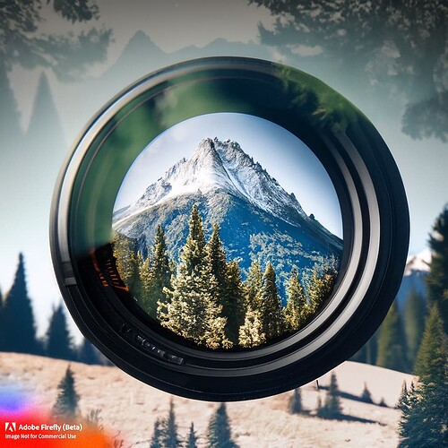 Firefly Camera lens fir trees majestic mountain peaks double exposure 54265