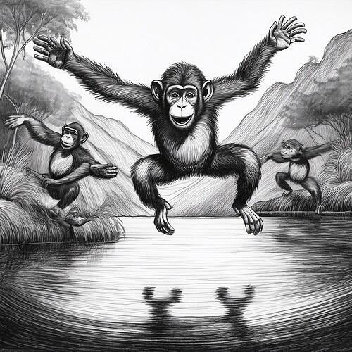 Firefly cartoon monkeys jumping around a lake, black and white; pencil sketch drawn by charcoal colo