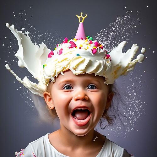 Firefly cake smash onto a little birthday girl's face with princess tiara, whipped cream splattering