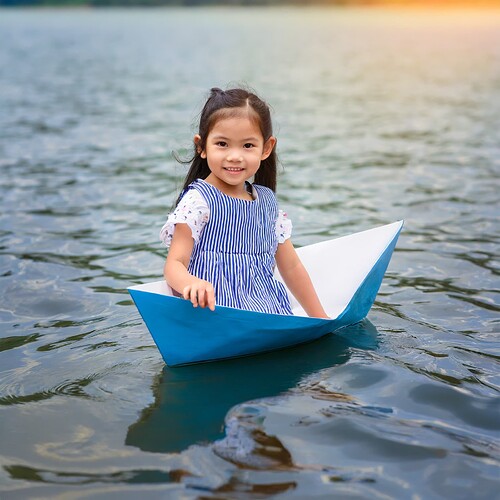 Firefly little kid in a paper boat on the water 59202