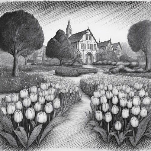 Firefly tulip garden, black and white; pencil sketch drawn by charcoal colored pencils 70298