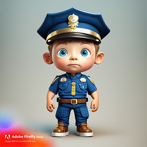Firefly hyper realistic detailed 3d cartoon style character design of toddler dressed up in police u