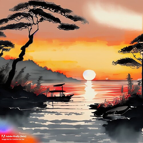 Firefly A Sumi-e painting of sunset on a waterfront 88140