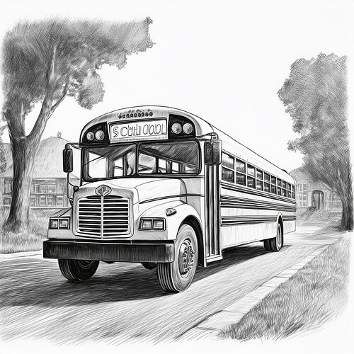 Firefly school bus, black and white, pencil sketch, drawn by charcoal colored pencils 40939