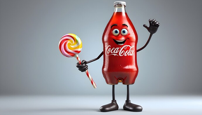 hi-res-photo-realistic-Pixar-style-anthropomorphic-figure-based-on-a-open-coke-soda-bottle--bottle-is-holding-big-colorful-lolly-pop