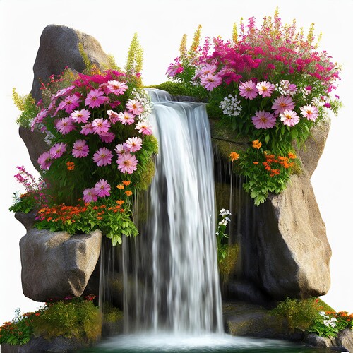 Firefly high resolution photo peacefull waterfall 3d with flowers isolated on white background 89640