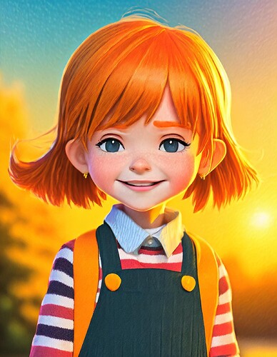 Firefly cartoon of little blond-haired, 3-year-old girl crying with tears in her eyes, and smiling,  (4)