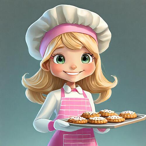 Firefly Unreal Engine 5 cartoon character, girl with blond hair, pink baker hat, pink apron, white l
