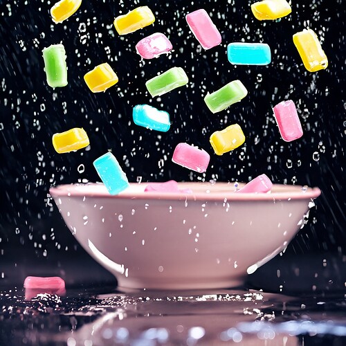 Firefly gumdrops falling from the sky mixed with raindrops, onto bowl of candy sitting in puddle of
