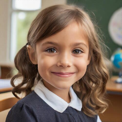 Firefly hyper realistic sparkling eyes school girl smiling to the teacher at class 87696