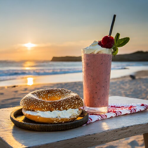 Firefly bagel with cream cheese next to a smoothie, sunrise at the beach scenery 44266