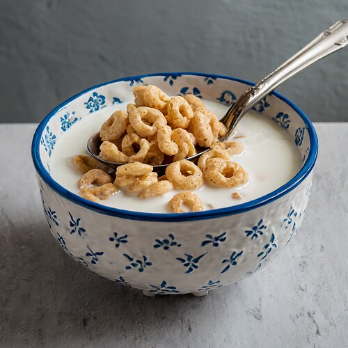 Firefly delicious bowl of cheerios and milk in a white corelle bowl with blue edging and a metal spo